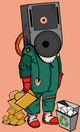 A metaclope with a huge loudspeaker for head and wearing green coveralls